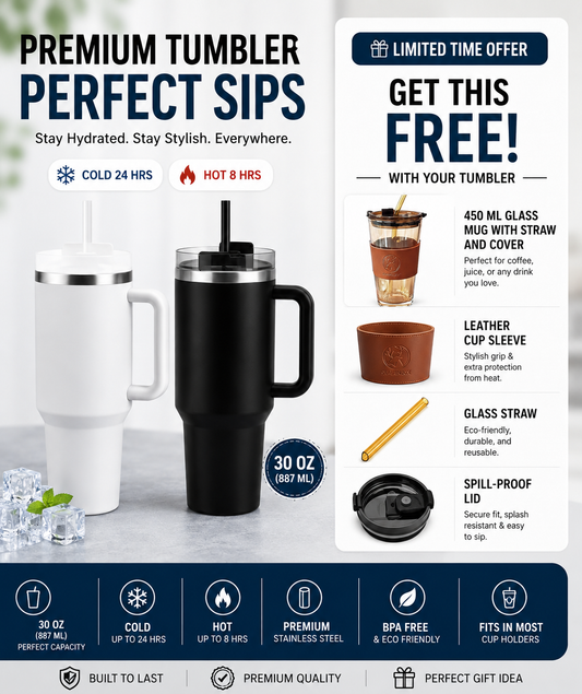 Tumbler Bundle — 1200ml Insulated + Glass Tumbler with Leather Sleeve