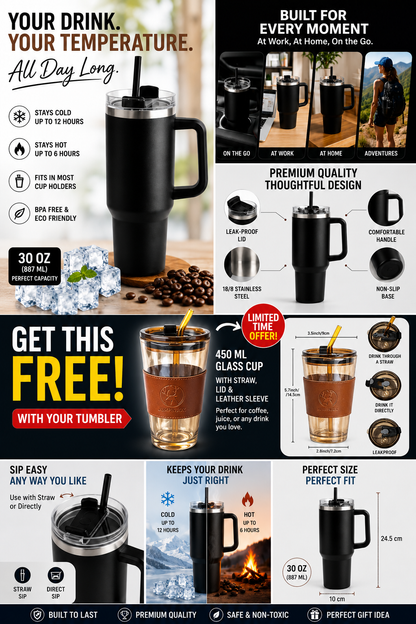 Tumbler Bundle — 1200ml Insulated + Glass Tumbler with Leather Sleeve