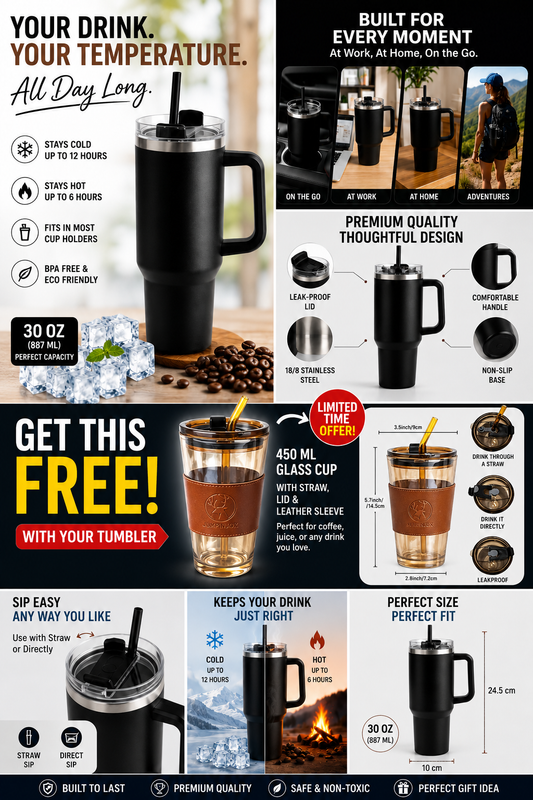 Tumbler Bundle — 1200ml Insulated + Glass Tumbler with Leather Sleeve